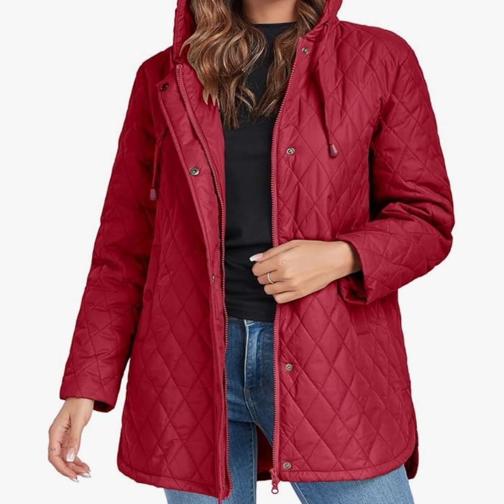 Women's Quilted Red Hooded Jacket